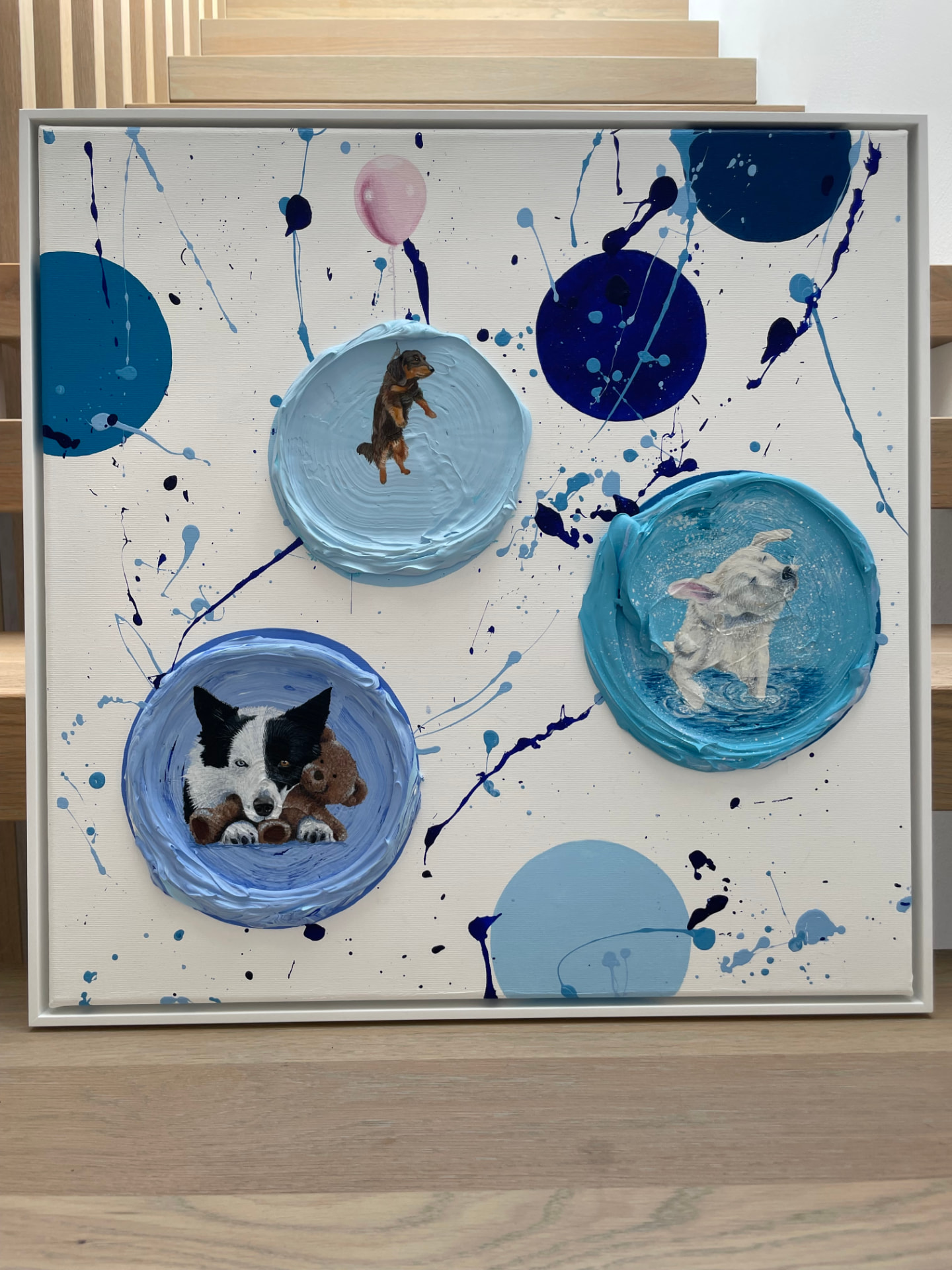 Blue, Gemälde mit drei Hunden in blauen Kreisen, Happy Dog Collection, Original WILDHeART